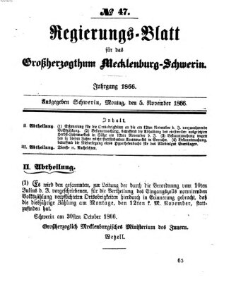 Regierungsblatt für Mecklenburg-Schwerin (Großherzoglich-Mecklenburg-Schwerinsches officielles Wochenblatt) Montag 5. November 1866