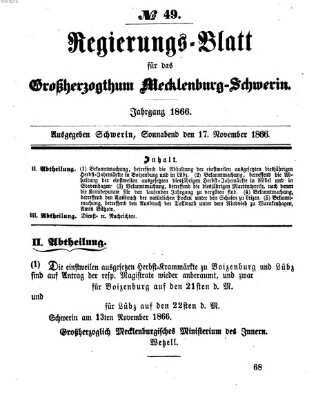 Regierungsblatt für Mecklenburg-Schwerin (Großherzoglich-Mecklenburg-Schwerinsches officielles Wochenblatt) Samstag 17. November 1866