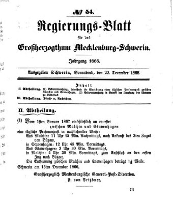 Regierungsblatt für Mecklenburg-Schwerin (Großherzoglich-Mecklenburg-Schwerinsches officielles Wochenblatt) Samstag 22. Dezember 1866