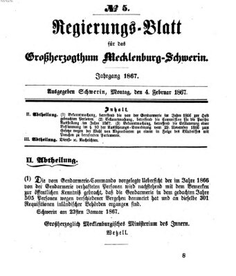 Regierungsblatt für Mecklenburg-Schwerin (Großherzoglich-Mecklenburg-Schwerinsches officielles Wochenblatt) Montag 4. Februar 1867