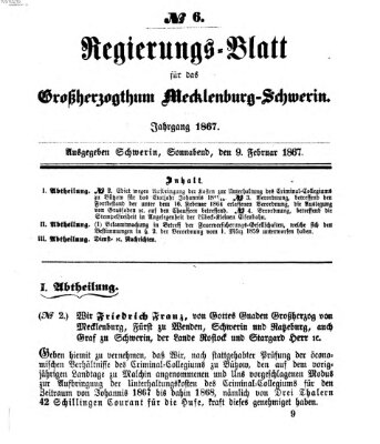 Regierungsblatt für Mecklenburg-Schwerin (Großherzoglich-Mecklenburg-Schwerinsches officielles Wochenblatt) Samstag 9. Februar 1867