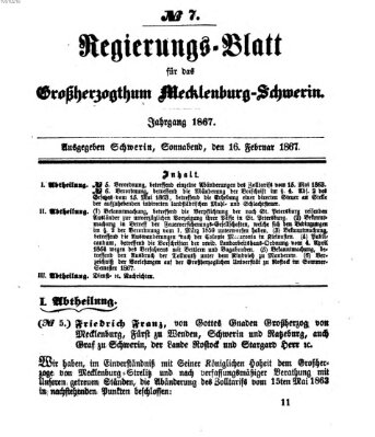 Regierungsblatt für Mecklenburg-Schwerin (Großherzoglich-Mecklenburg-Schwerinsches officielles Wochenblatt) Samstag 16. Februar 1867