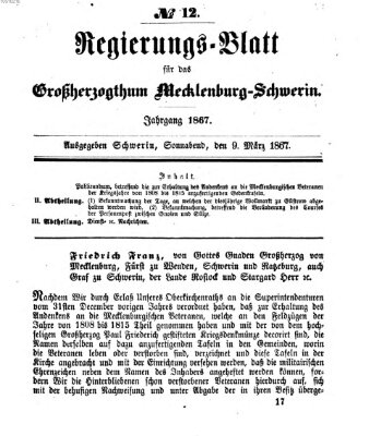 Regierungsblatt für Mecklenburg-Schwerin (Großherzoglich-Mecklenburg-Schwerinsches officielles Wochenblatt) Samstag 9. März 1867