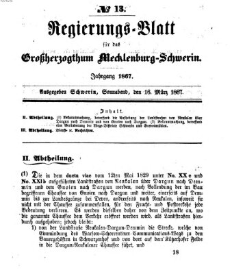 Regierungsblatt für Mecklenburg-Schwerin (Großherzoglich-Mecklenburg-Schwerinsches officielles Wochenblatt) Samstag 16. März 1867