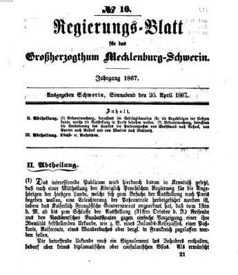 Regierungsblatt für Mecklenburg-Schwerin (Großherzoglich-Mecklenburg-Schwerinsches officielles Wochenblatt) Samstag 20. April 1867