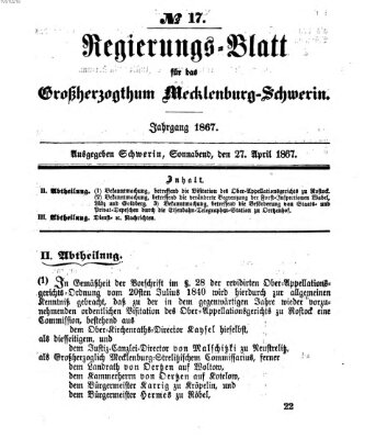 Regierungsblatt für Mecklenburg-Schwerin (Großherzoglich-Mecklenburg-Schwerinsches officielles Wochenblatt) Samstag 27. April 1867