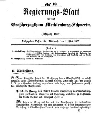 Regierungsblatt für Mecklenburg-Schwerin (Großherzoglich-Mecklenburg-Schwerinsches officielles Wochenblatt) Mittwoch 1. Mai 1867