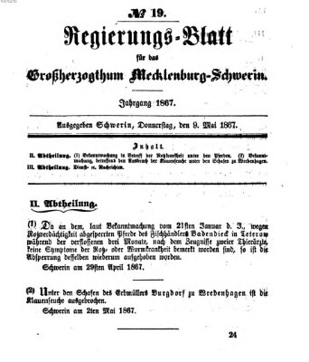 Regierungsblatt für Mecklenburg-Schwerin (Großherzoglich-Mecklenburg-Schwerinsches officielles Wochenblatt) Donnerstag 9. Mai 1867