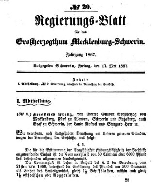 Regierungsblatt für Mecklenburg-Schwerin (Großherzoglich-Mecklenburg-Schwerinsches officielles Wochenblatt) Freitag 17. Mai 1867