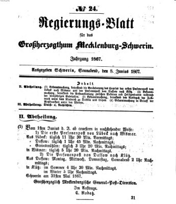 Regierungsblatt für Mecklenburg-Schwerin (Großherzoglich-Mecklenburg-Schwerinsches officielles Wochenblatt) Samstag 8. Juni 1867