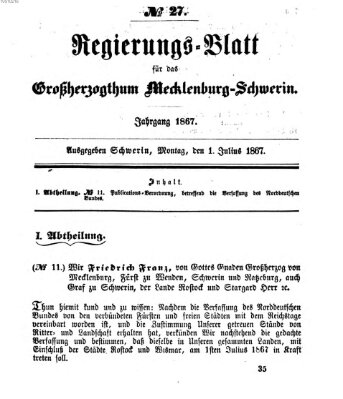 Regierungsblatt für Mecklenburg-Schwerin (Großherzoglich-Mecklenburg-Schwerinsches officielles Wochenblatt) Montag 1. Juli 1867