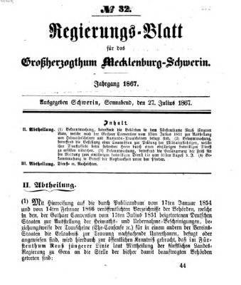 Regierungsblatt für Mecklenburg-Schwerin (Großherzoglich-Mecklenburg-Schwerinsches officielles Wochenblatt) Samstag 27. Juli 1867