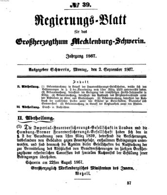 Regierungsblatt für Mecklenburg-Schwerin (Großherzoglich-Mecklenburg-Schwerinsches officielles Wochenblatt) Montag 2. September 1867