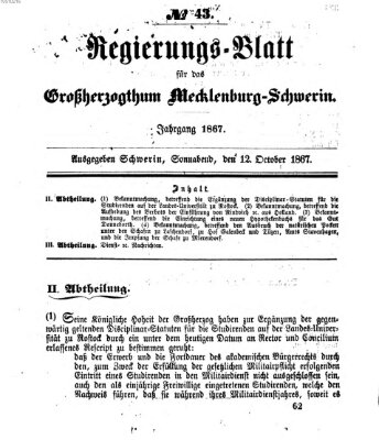 Regierungsblatt für Mecklenburg-Schwerin (Großherzoglich-Mecklenburg-Schwerinsches officielles Wochenblatt) Samstag 12. Oktober 1867