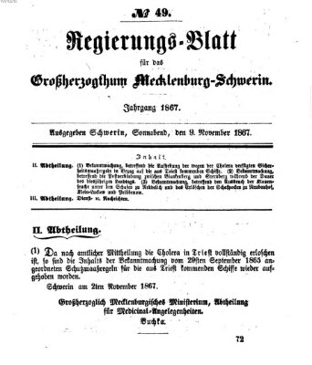 Regierungsblatt für Mecklenburg-Schwerin (Großherzoglich-Mecklenburg-Schwerinsches officielles Wochenblatt) Samstag 9. November 1867