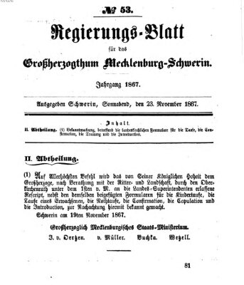 Regierungsblatt für Mecklenburg-Schwerin (Großherzoglich-Mecklenburg-Schwerinsches officielles Wochenblatt) Samstag 23. November 1867