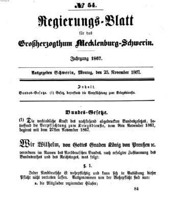 Regierungsblatt für Mecklenburg-Schwerin (Großherzoglich-Mecklenburg-Schwerinsches officielles Wochenblatt) Montag 25. November 1867