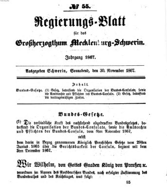 Regierungsblatt für Mecklenburg-Schwerin (Großherzoglich-Mecklenburg-Schwerinsches officielles Wochenblatt) Samstag 30. November 1867