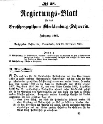 Regierungsblatt für Mecklenburg-Schwerin (Großherzoglich-Mecklenburg-Schwerinsches officielles Wochenblatt) Samstag 21. Dezember 1867