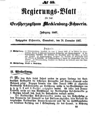 Regierungsblatt für Mecklenburg-Schwerin (Großherzoglich-Mecklenburg-Schwerinsches officielles Wochenblatt) Samstag 28. Dezember 1867