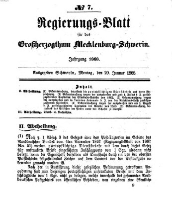 Regierungsblatt für Mecklenburg-Schwerin (Großherzoglich-Mecklenburg-Schwerinsches officielles Wochenblatt) Montag 20. Januar 1868