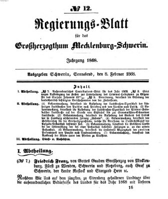 Regierungsblatt für Mecklenburg-Schwerin (Großherzoglich-Mecklenburg-Schwerinsches officielles Wochenblatt) Samstag 8. Februar 1868