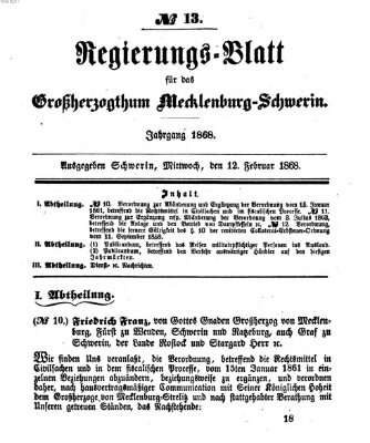 Regierungsblatt für Mecklenburg-Schwerin (Großherzoglich-Mecklenburg-Schwerinsches officielles Wochenblatt) Mittwoch 12. Februar 1868