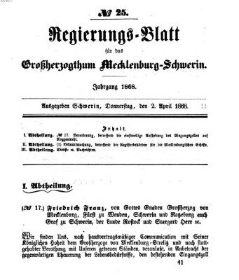 Regierungsblatt für Mecklenburg-Schwerin (Großherzoglich-Mecklenburg-Schwerinsches officielles Wochenblatt) Donnerstag 2. April 1868