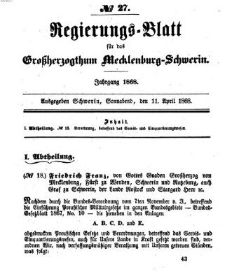 Regierungsblatt für Mecklenburg-Schwerin (Großherzoglich-Mecklenburg-Schwerinsches officielles Wochenblatt) Samstag 11. April 1868