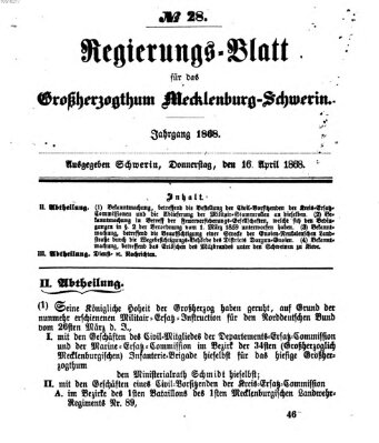 Regierungsblatt für Mecklenburg-Schwerin (Großherzoglich-Mecklenburg-Schwerinsches officielles Wochenblatt) Donnerstag 16. April 1868