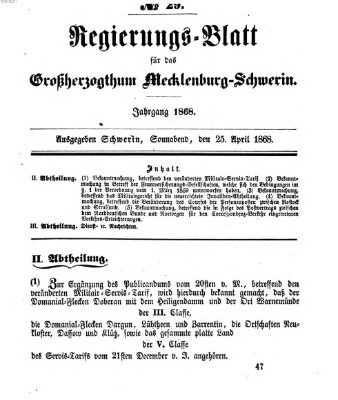 Regierungsblatt für Mecklenburg-Schwerin (Großherzoglich-Mecklenburg-Schwerinsches officielles Wochenblatt) Samstag 25. April 1868