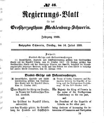 Regierungsblatt für Mecklenburg-Schwerin (Großherzoglich-Mecklenburg-Schwerinsches officielles Wochenblatt) Dienstag 14. Juli 1868