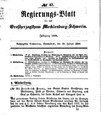 Regierungsblatt für Mecklenburg-Schwerin (Großherzoglich-Mecklenburg-Schwerinsches officielles Wochenblatt) Samstag 18. Juli 1868