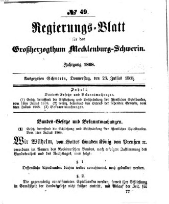 Regierungsblatt für Mecklenburg-Schwerin (Großherzoglich-Mecklenburg-Schwerinsches officielles Wochenblatt) Donnerstag 23. Juli 1868