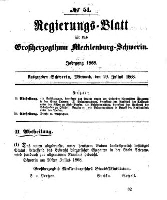 Regierungsblatt für Mecklenburg-Schwerin (Großherzoglich-Mecklenburg-Schwerinsches officielles Wochenblatt) Mittwoch 29. Juli 1868