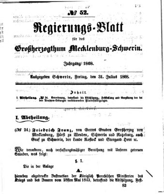 Regierungsblatt für Mecklenburg-Schwerin (Großherzoglich-Mecklenburg-Schwerinsches officielles Wochenblatt) Freitag 31. Juli 1868