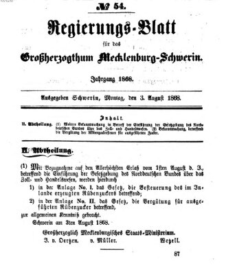 Regierungsblatt für Mecklenburg-Schwerin (Großherzoglich-Mecklenburg-Schwerinsches officielles Wochenblatt) Montag 3. August 1868