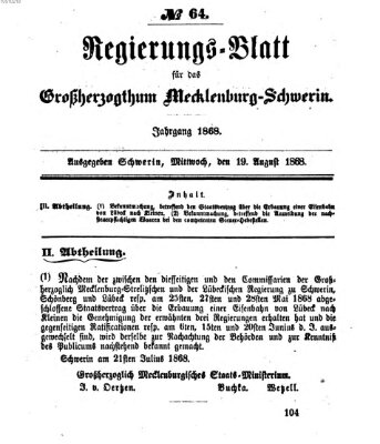 Regierungsblatt für Mecklenburg-Schwerin (Großherzoglich-Mecklenburg-Schwerinsches officielles Wochenblatt) Mittwoch 19. August 1868