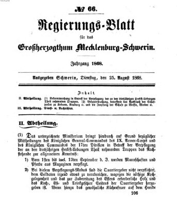 Regierungsblatt für Mecklenburg-Schwerin (Großherzoglich-Mecklenburg-Schwerinsches officielles Wochenblatt) Dienstag 25. August 1868