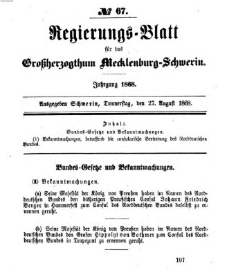 Regierungsblatt für Mecklenburg-Schwerin (Großherzoglich-Mecklenburg-Schwerinsches officielles Wochenblatt) Donnerstag 27. August 1868