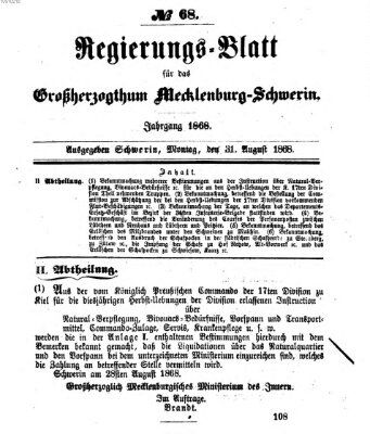 Regierungsblatt für Mecklenburg-Schwerin (Großherzoglich-Mecklenburg-Schwerinsches officielles Wochenblatt) Montag 31. August 1868