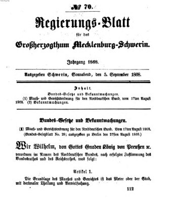 Regierungsblatt für Mecklenburg-Schwerin (Großherzoglich-Mecklenburg-Schwerinsches officielles Wochenblatt) Samstag 5. September 1868