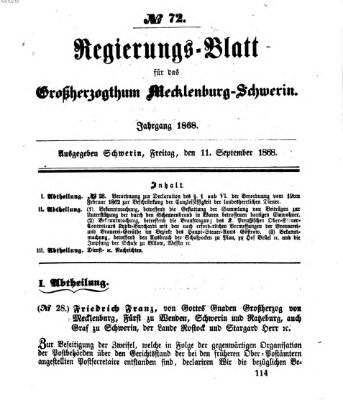 Regierungsblatt für Mecklenburg-Schwerin (Großherzoglich-Mecklenburg-Schwerinsches officielles Wochenblatt) Freitag 11. September 1868