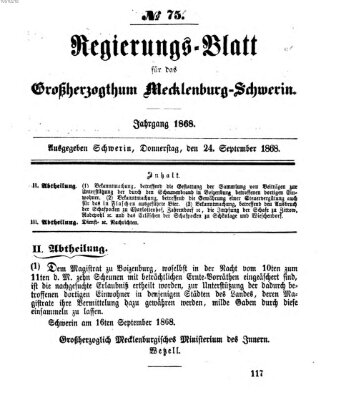 Regierungsblatt für Mecklenburg-Schwerin (Großherzoglich-Mecklenburg-Schwerinsches officielles Wochenblatt) Donnerstag 24. September 1868