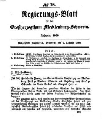 Regierungsblatt für Mecklenburg-Schwerin (Großherzoglich-Mecklenburg-Schwerinsches officielles Wochenblatt) Mittwoch 7. Oktober 1868