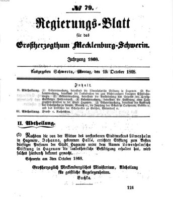 Regierungsblatt für Mecklenburg-Schwerin (Großherzoglich-Mecklenburg-Schwerinsches officielles Wochenblatt) Montag 19. Oktober 1868