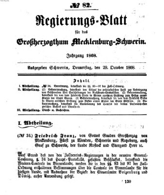 Regierungsblatt für Mecklenburg-Schwerin (Großherzoglich-Mecklenburg-Schwerinsches officielles Wochenblatt) Donnerstag 29. Oktober 1868