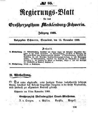 Regierungsblatt für Mecklenburg-Schwerin (Großherzoglich-Mecklenburg-Schwerinsches officielles Wochenblatt) Samstag 14. November 1868