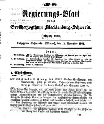 Regierungsblatt für Mecklenburg-Schwerin (Großherzoglich-Mecklenburg-Schwerinsches officielles Wochenblatt) Mittwoch 18. November 1868