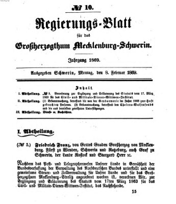 Regierungsblatt für Mecklenburg-Schwerin (Großherzoglich-Mecklenburg-Schwerinsches officielles Wochenblatt) Montag 8. Februar 1869